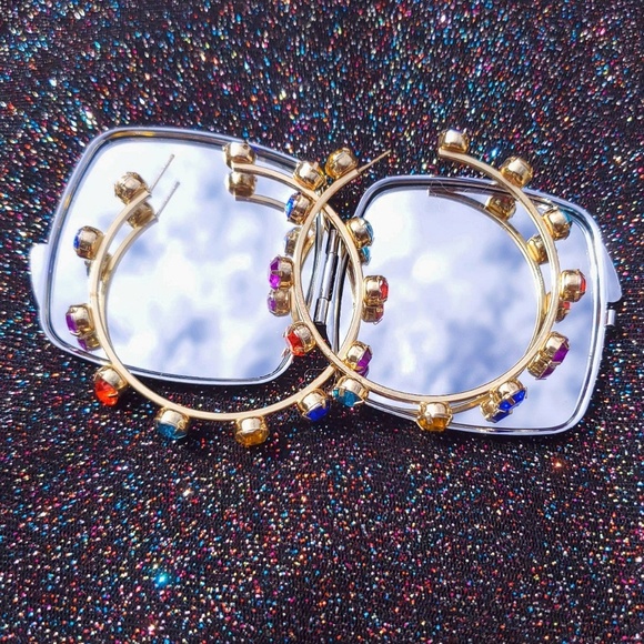 Jewelry - Gold Tone Large Rainbow Studded Crystal Hoops